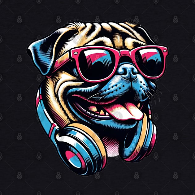 Grinning Pug DJ Enjoys Music in Bold Japanese Art by ArtRUs